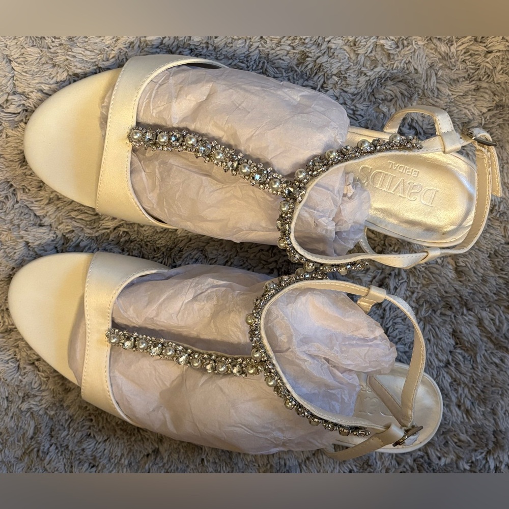 David's Bridal Ivory Jeweled T-Strap Satin Sandals